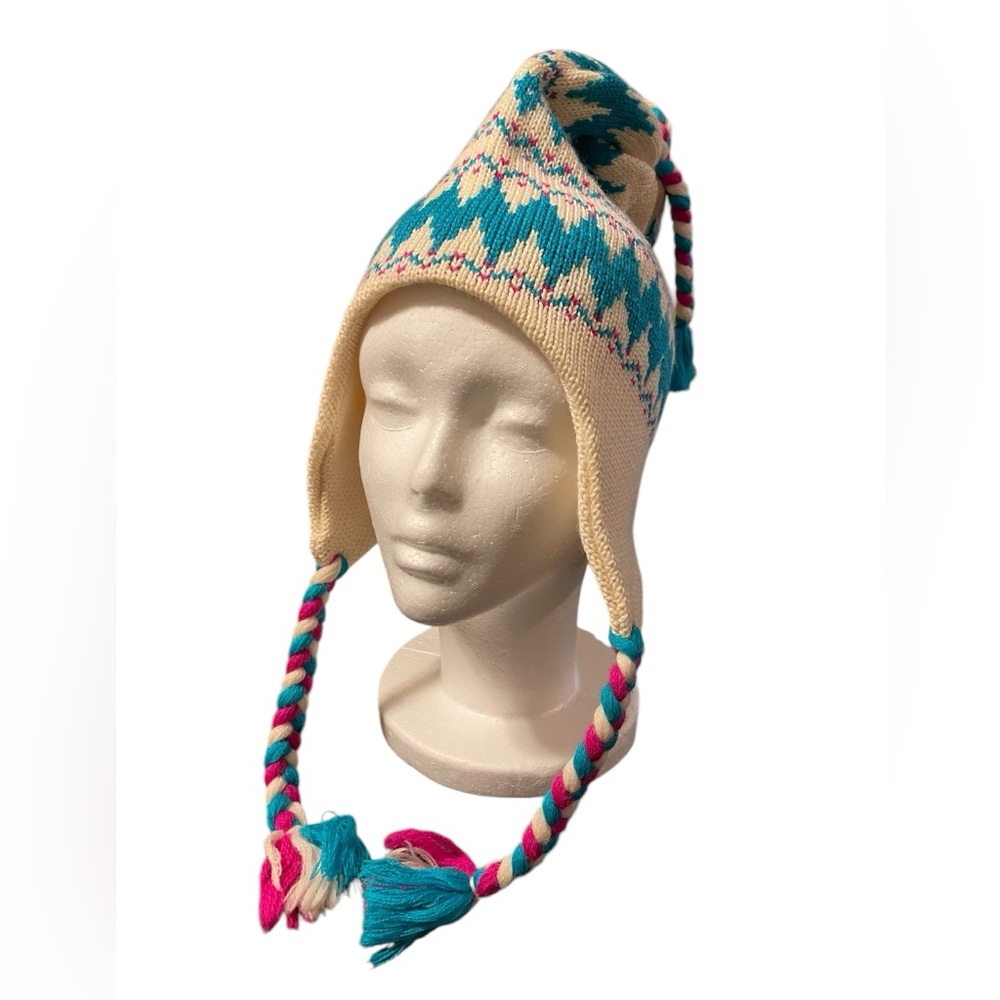 NWOT Meister 100% Wool Beanie Ski Hat Knit Winter Tassels Tie Cream/Aqua/Blue